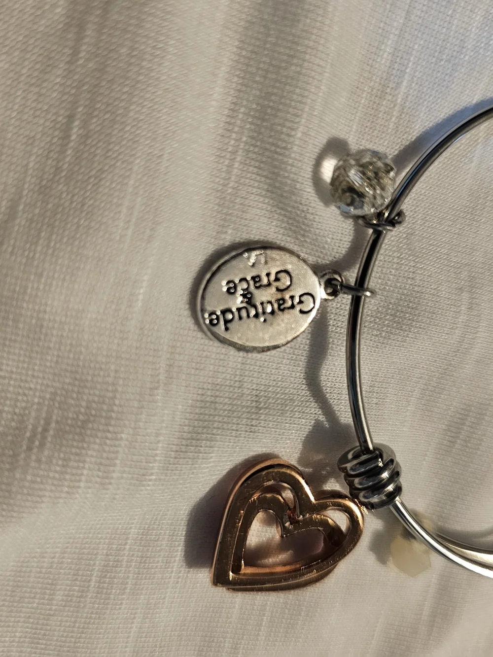 Two-Tone Heart Charm Bangle Bracelet - Silver Band with Rose Gold Heart